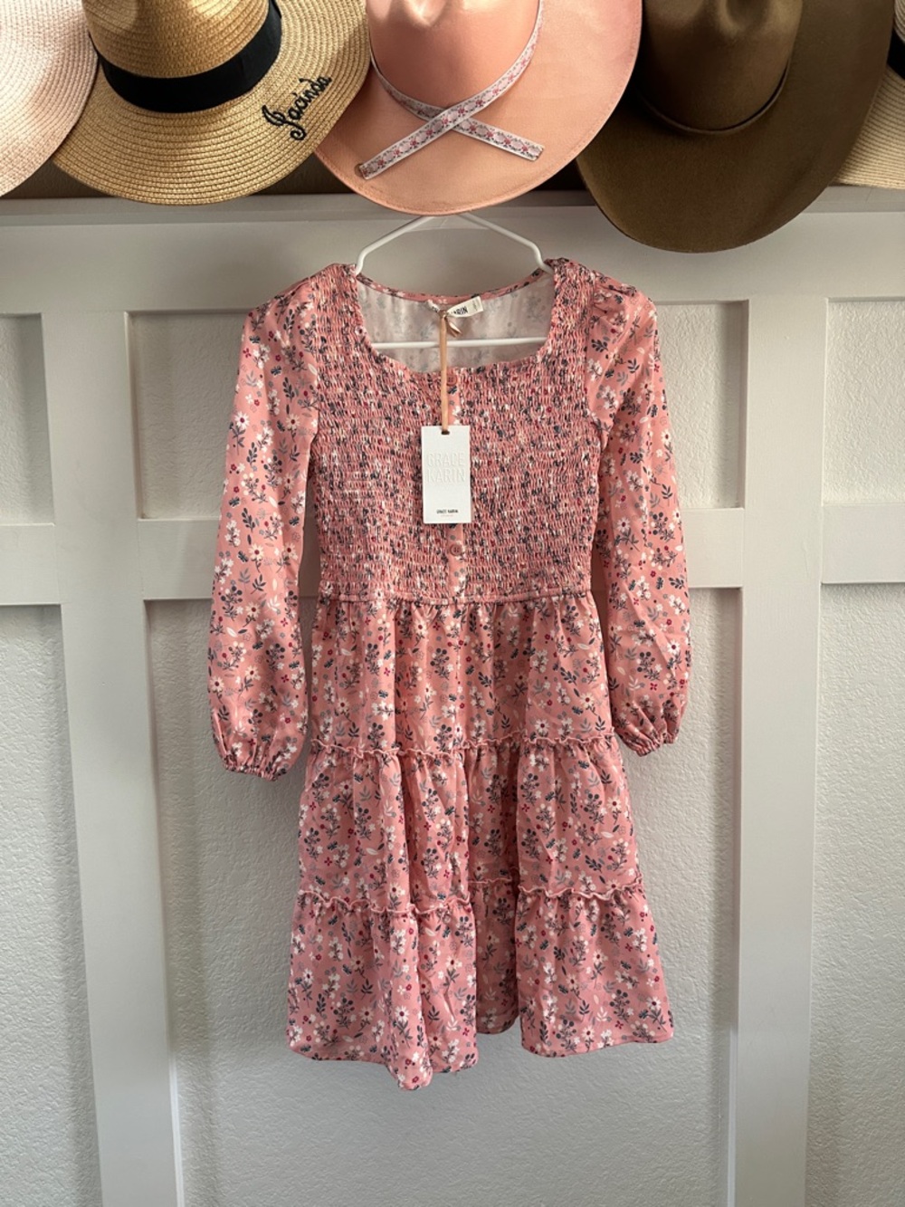 Grace Karin Pink Floral Smocked Tiered Kids Dress